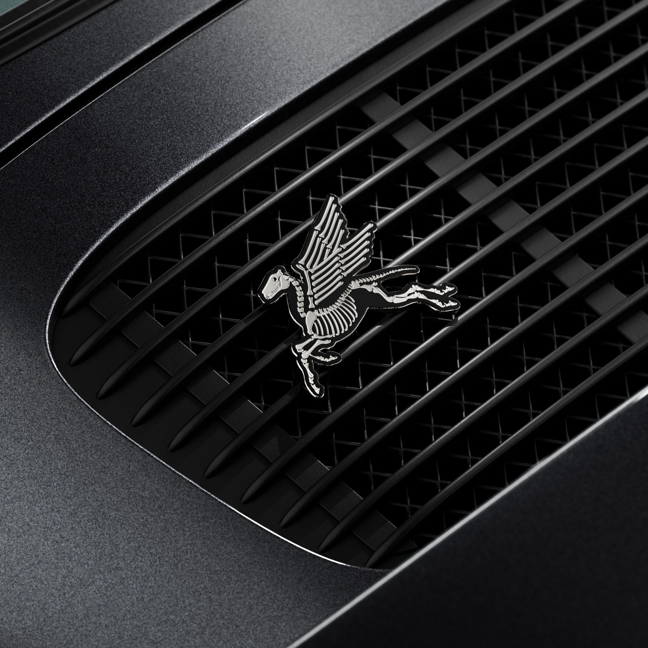 rennbetrieb pegasus skeleton enamel grill badge on porsche