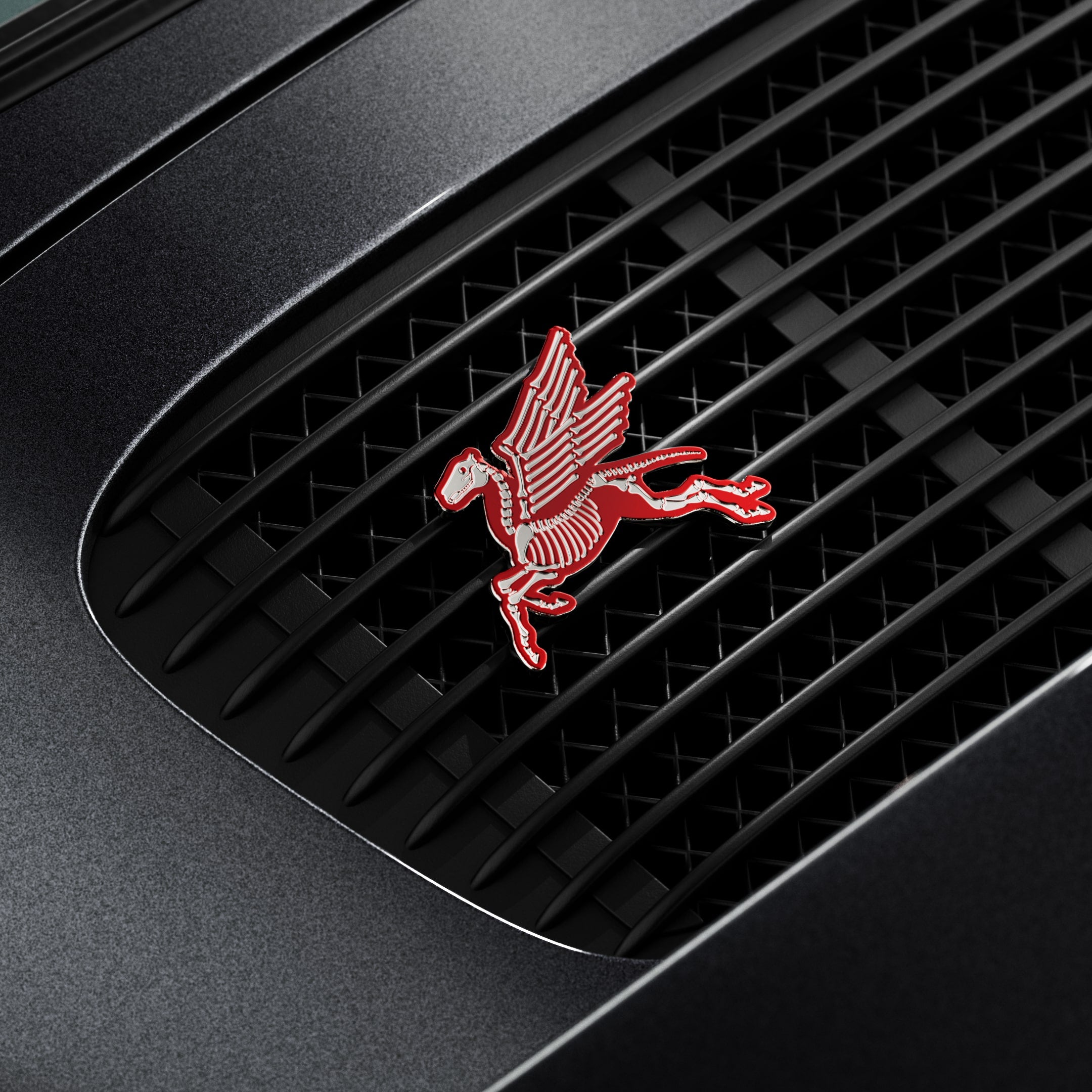 rennbetrieb pegasus skeleton enamel grill badge on porsche