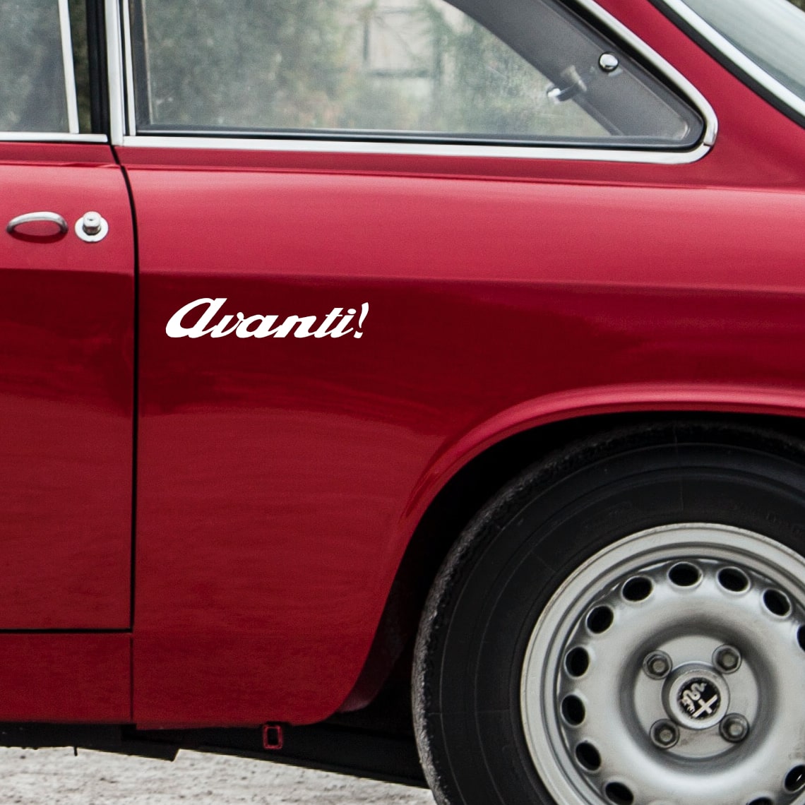 avanti car sticker on red alfa romeo