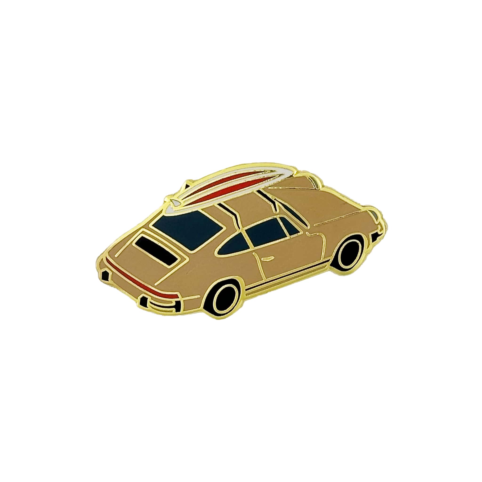 rennbetrieb enamel pin of a porsche 911 g model with a surfboard on the roof