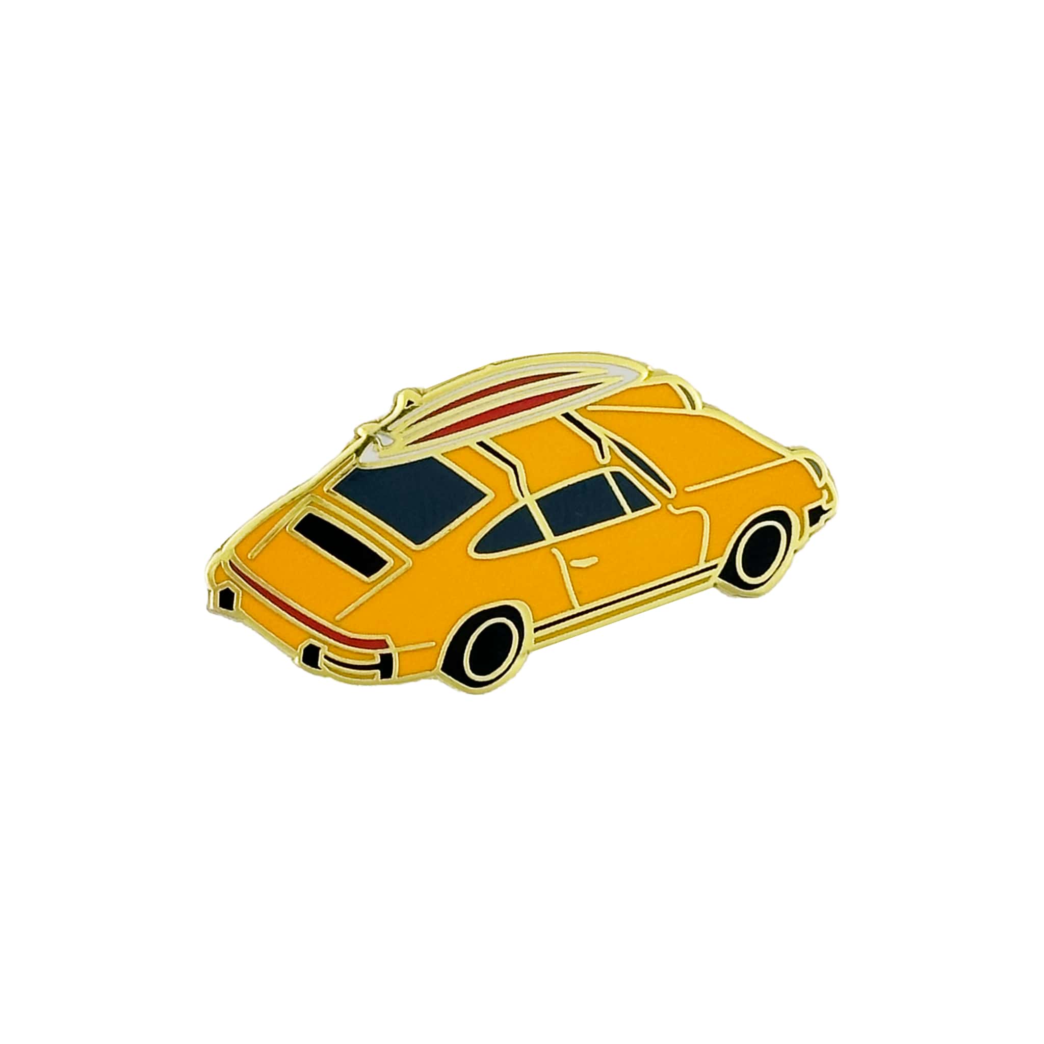 rennbetrieb enamel pin of a porsche 911 g model with a surfboard on the roof