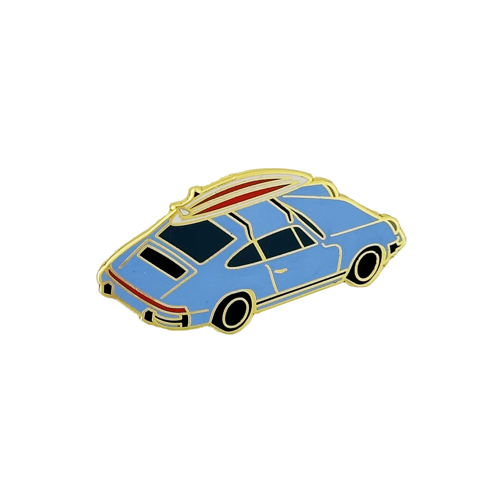 rennbetrieb enamel pin of a porsche 911 g model with a surfboard on the roof