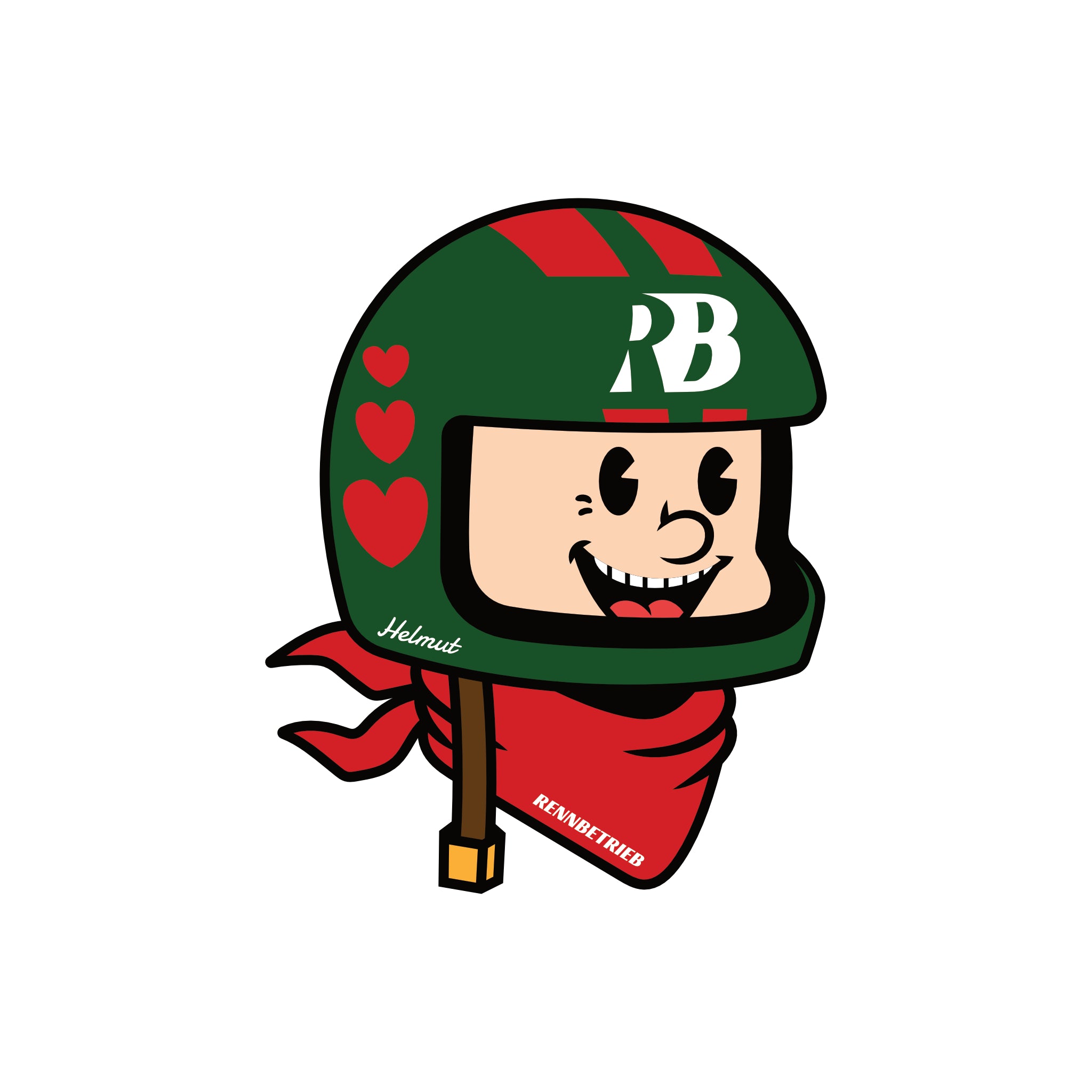 rennbetrieb mascot helmut with green helmet and a red scarf