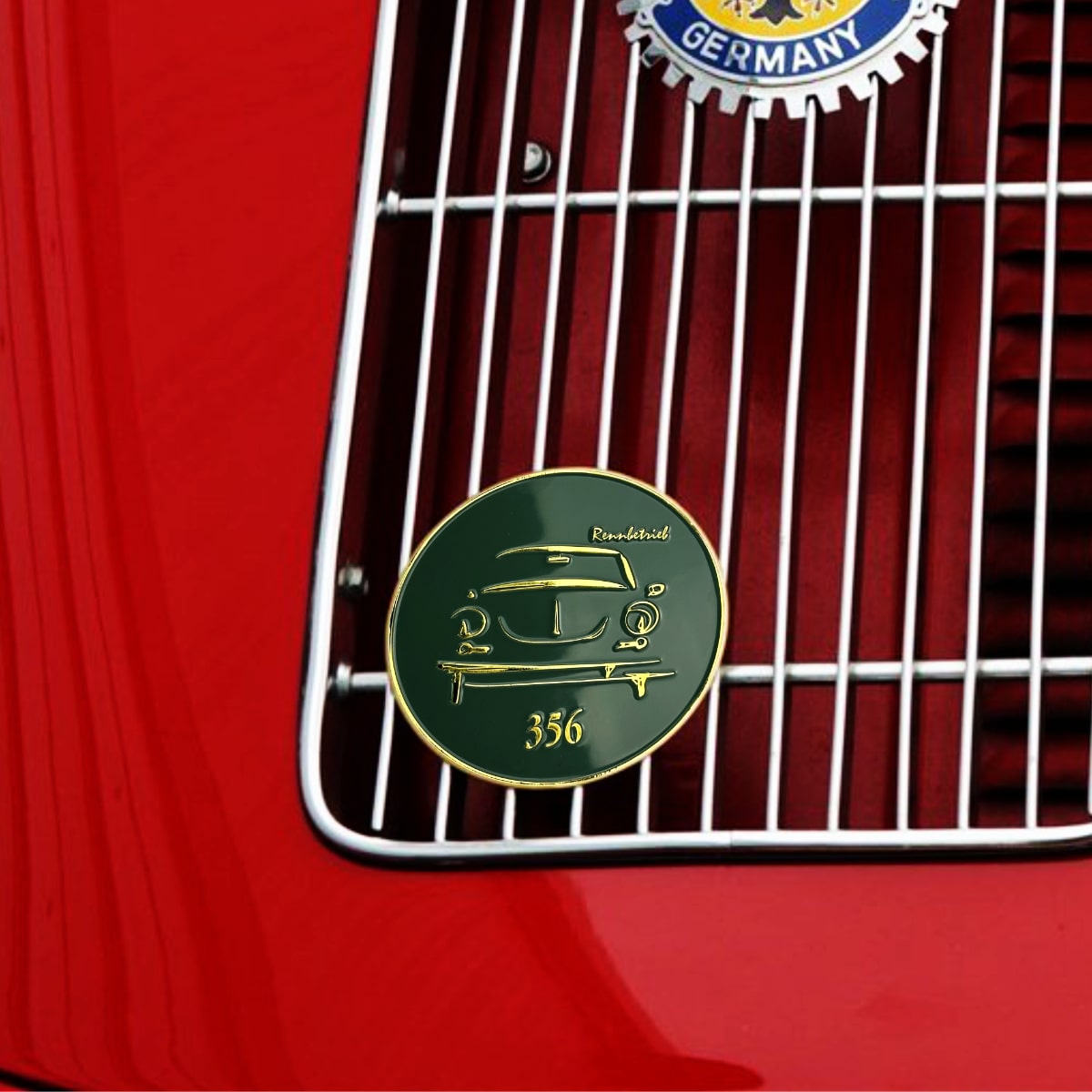 porsche 356 grill badge green gold on red porsche