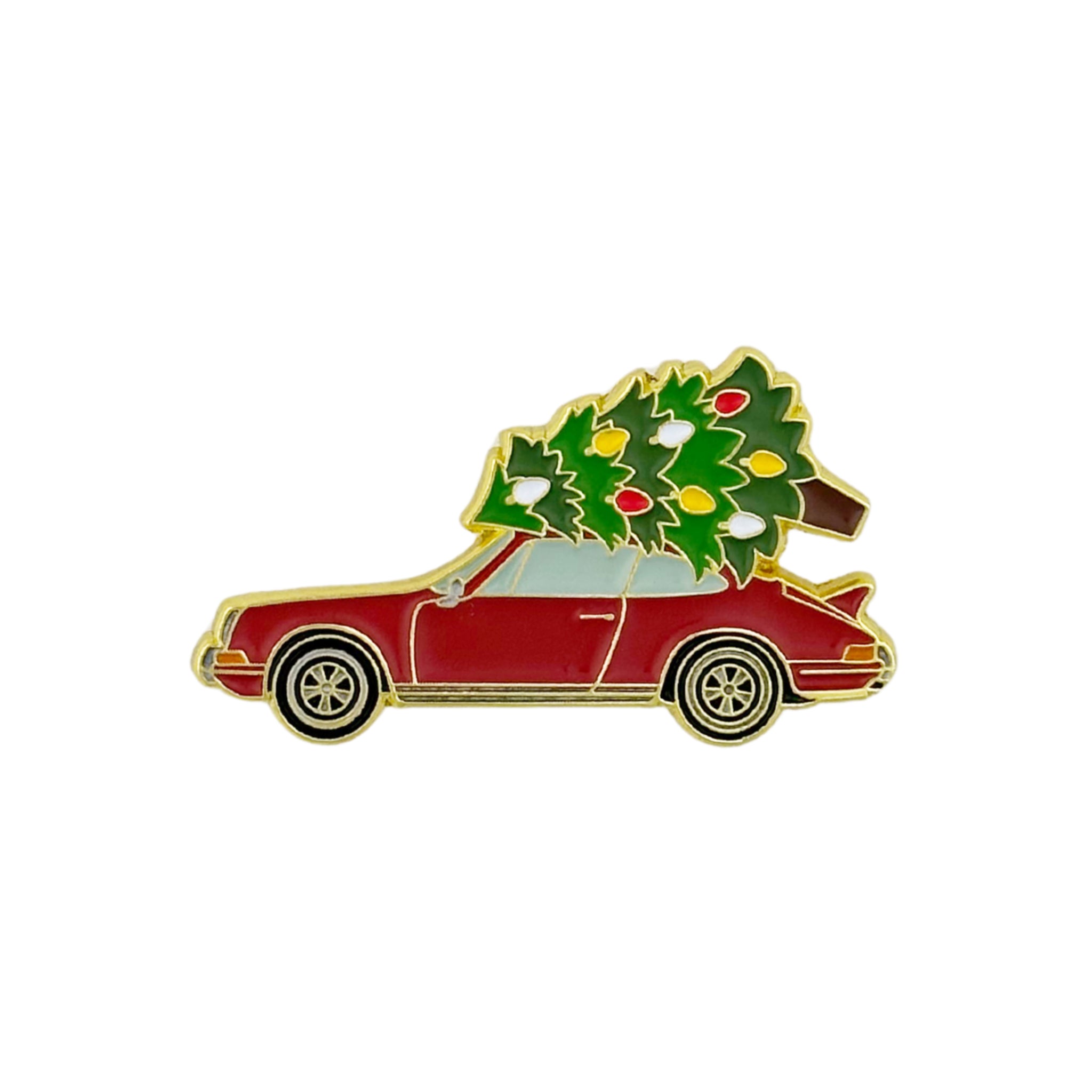 Pin with a red car carrying a Christmas tree on a white background
