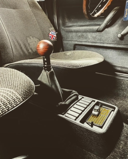 vw golf interior with wooden shift knob