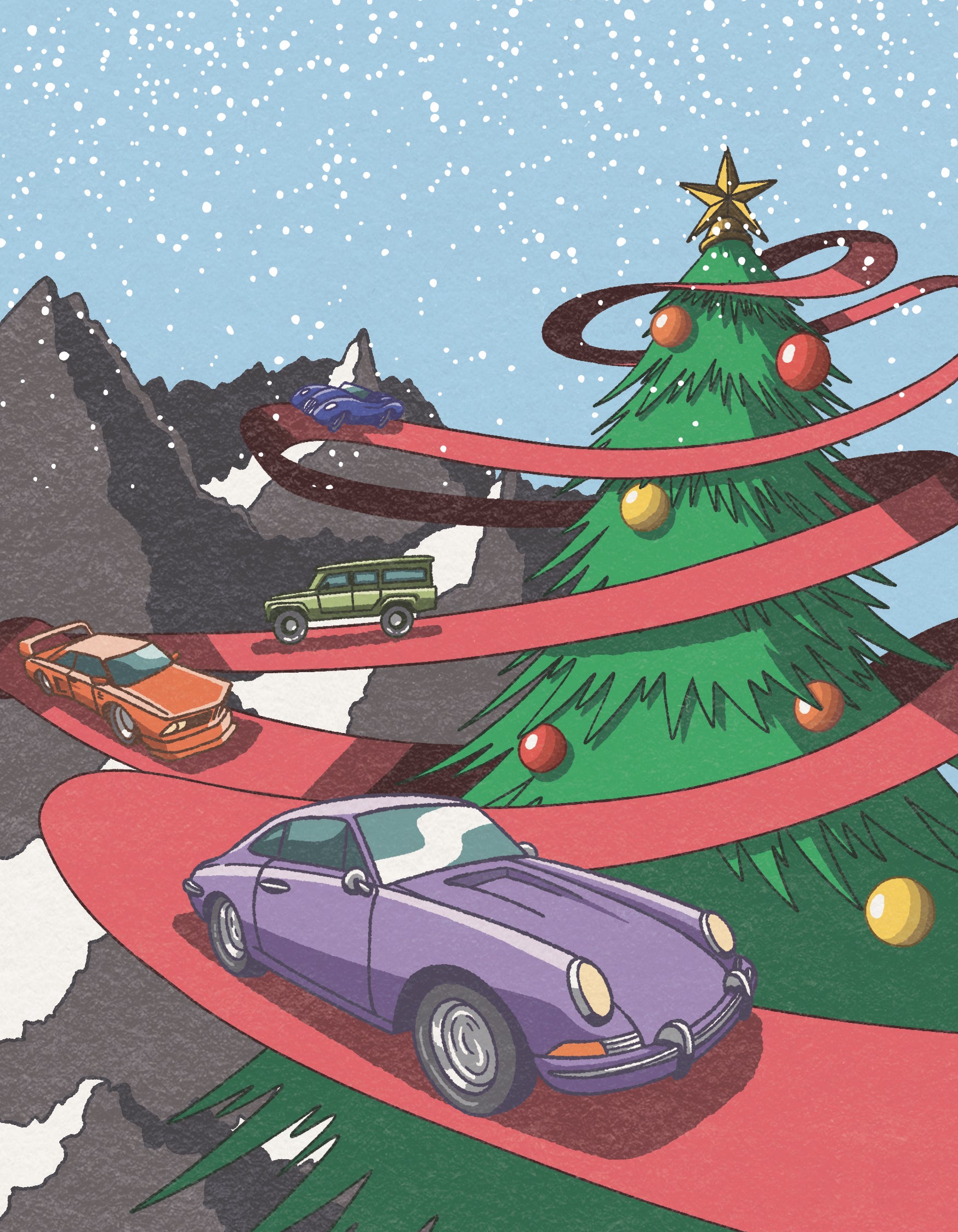 Illustration of a Christmas scene with cars on a pink road and a decorated tree.