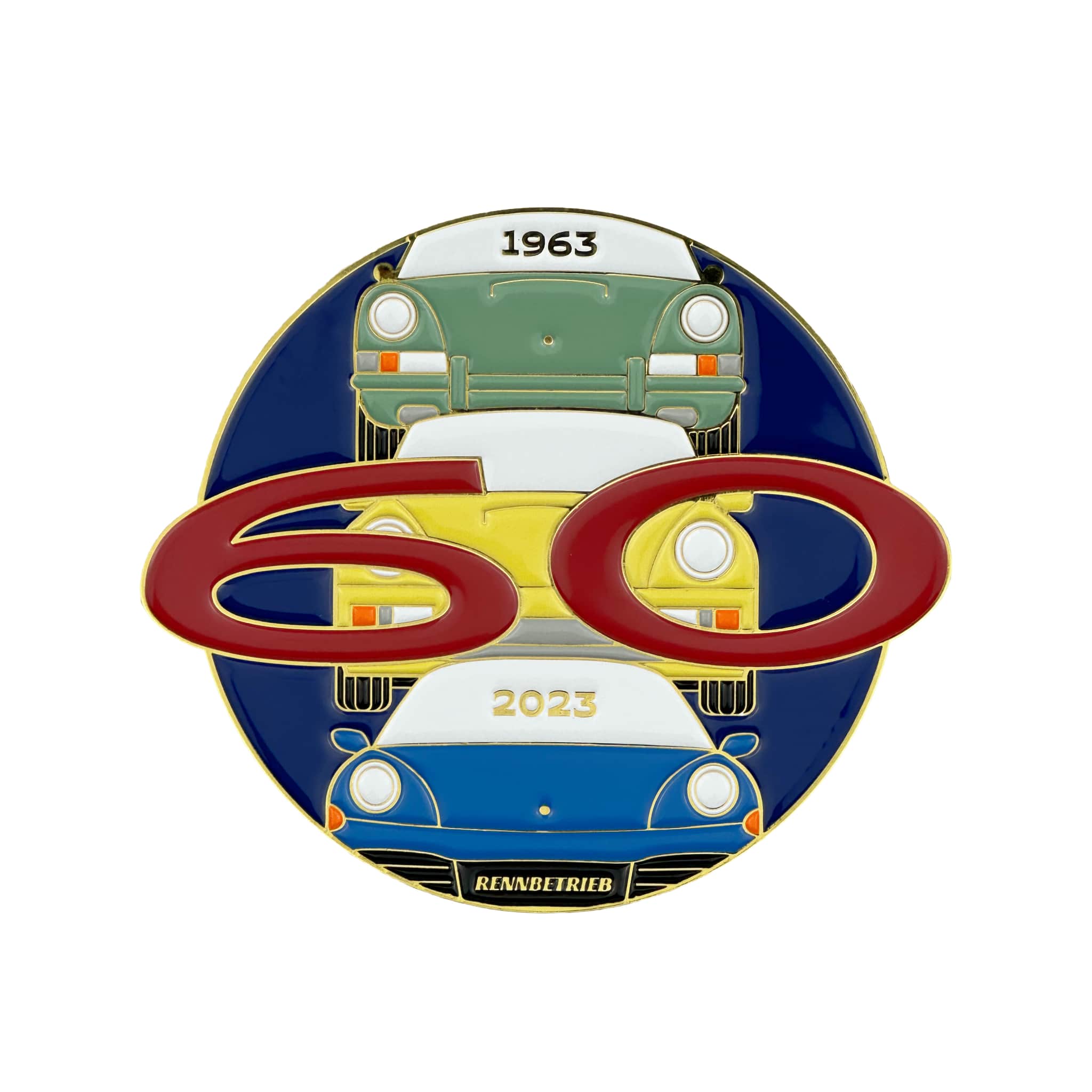 RENNBETRIEB enamel grill badge porsche 60th anniversary with green, yellow and blue porsche types