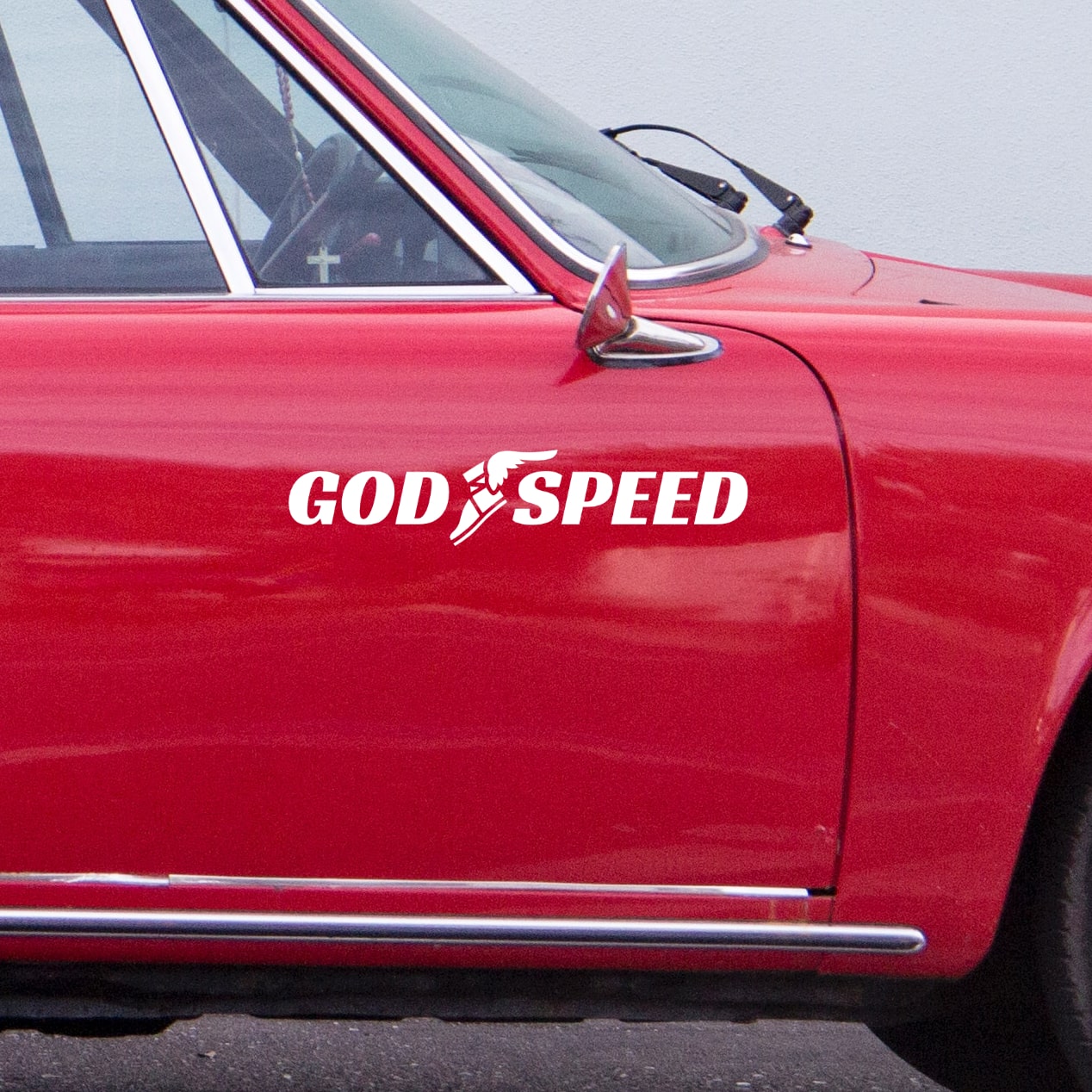 godspeed car sticker rennbetrieb on red porsche 912