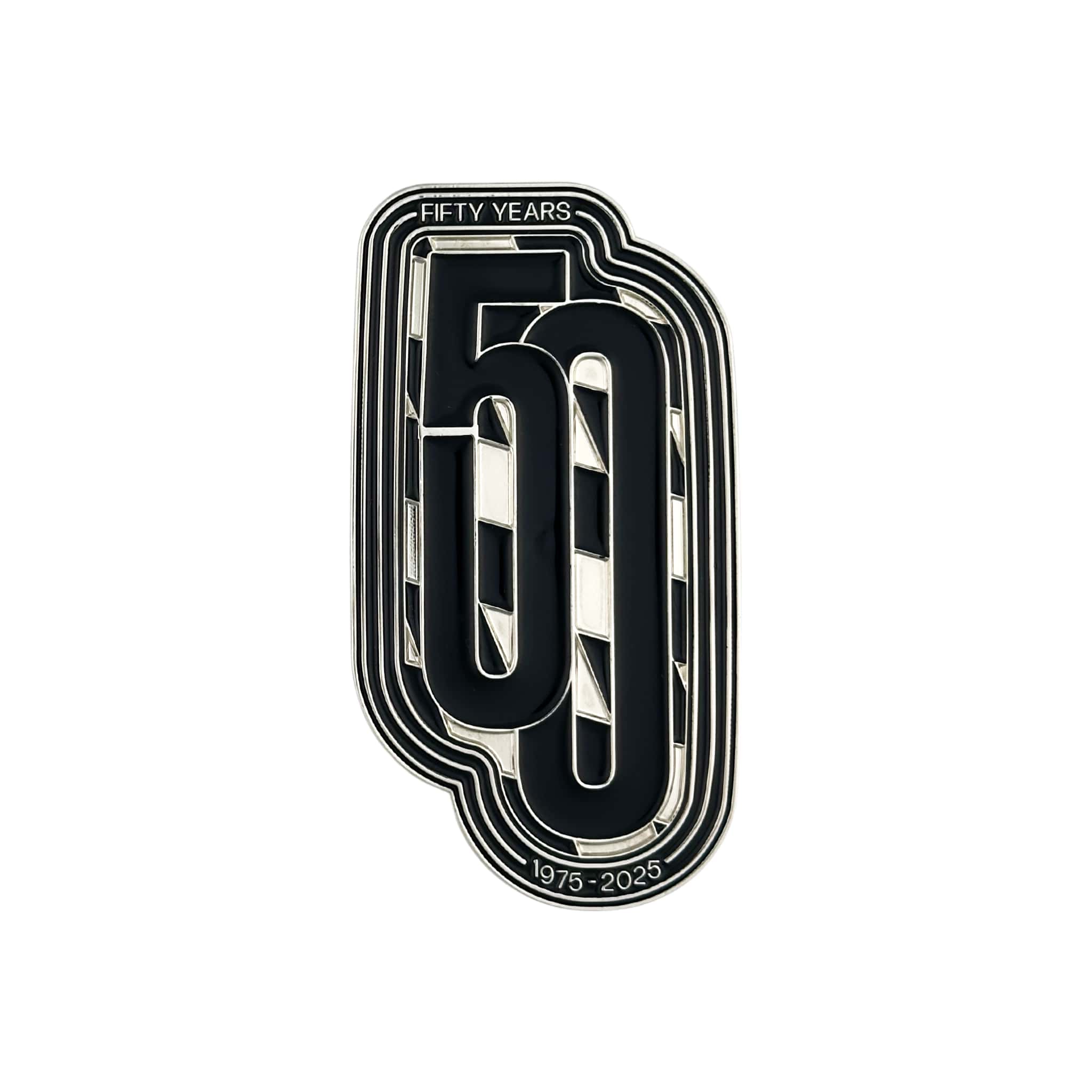 Decorative emblem celebrating 50 years bmw 3 series with a silver and black pattern on a white background