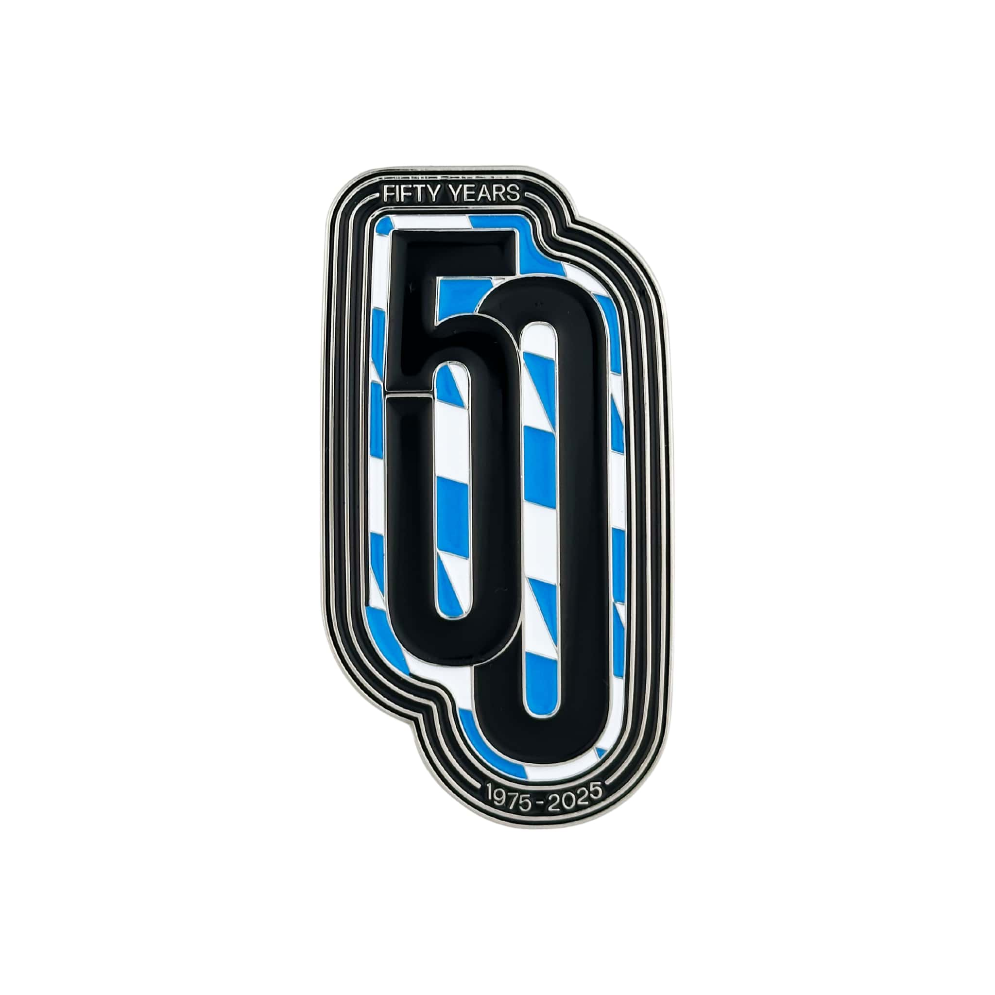 Decorative emblem celebrating 50 years bmw 3 series with a blue and white pattern on a white background