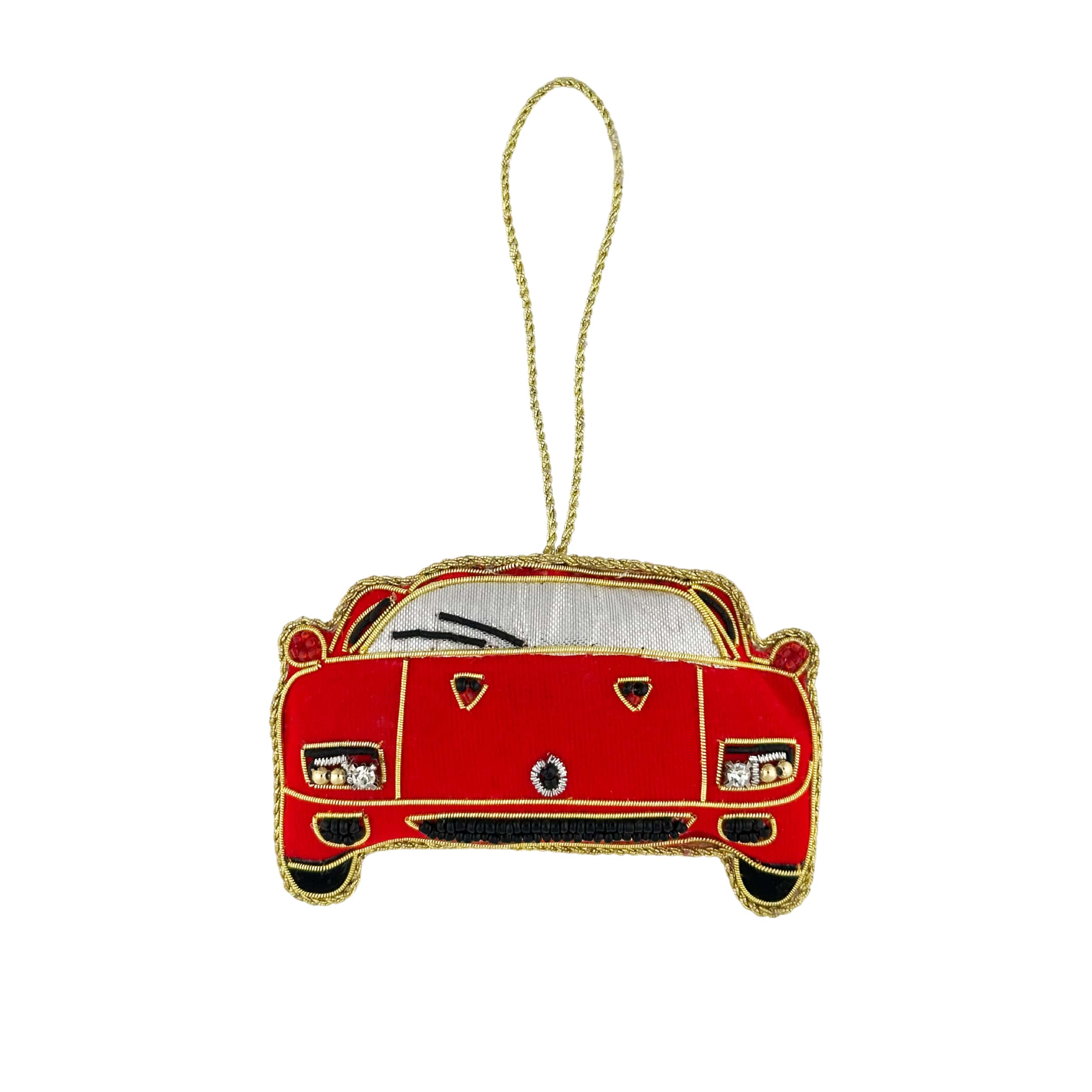 Red car-shaped ornament with a gold chain on a white background