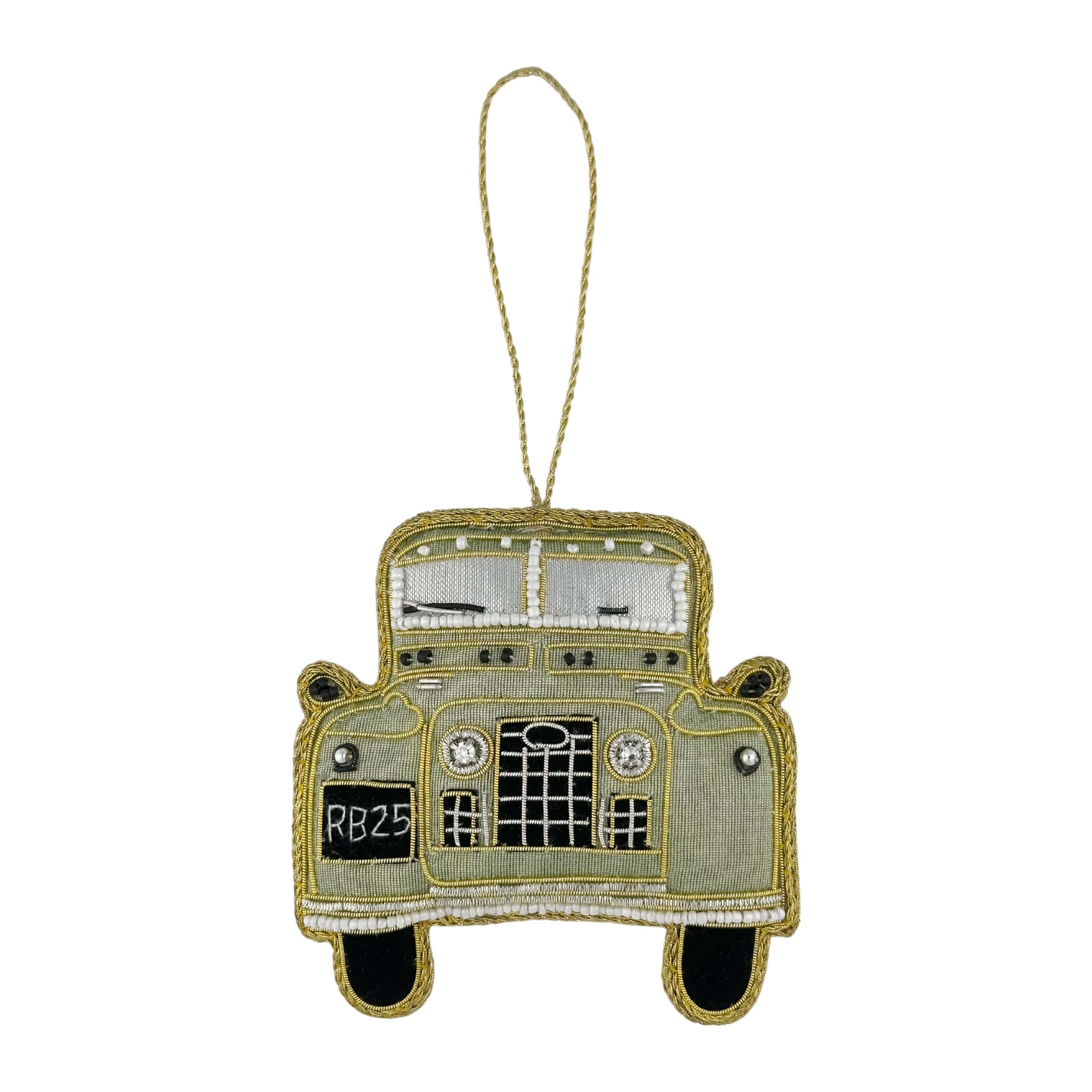 Decorative zari emroidery ornament shaped like a vintage car with 'RB25' on a white background