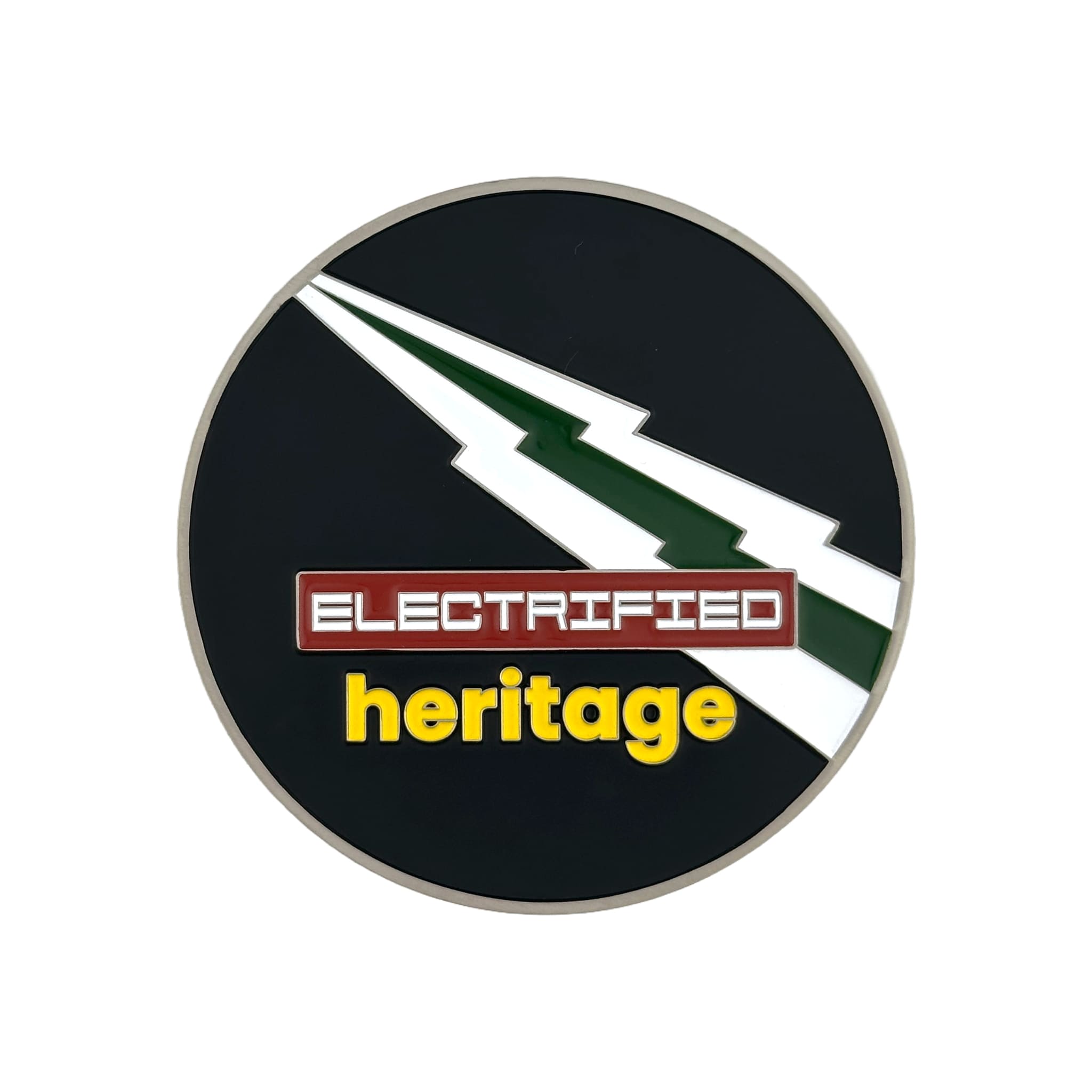 rennbetrieb enamel car grill badge for electric cars with the text electrified heritage