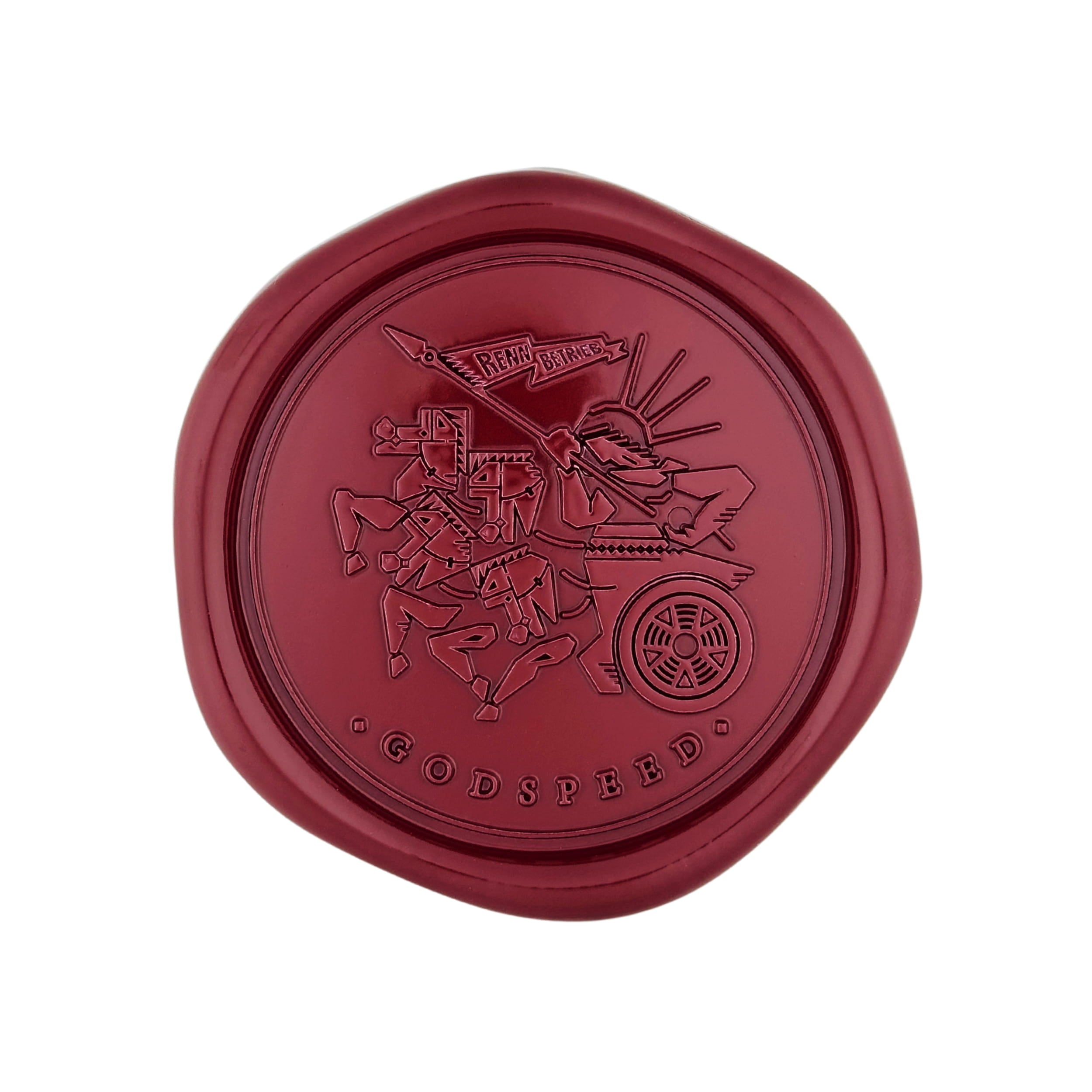 A circular red wax seal featuring an embossed illustration of a gladiator warrior in a chariot with the text 'GODSPEED' at the bottom, shown on a plain white background.