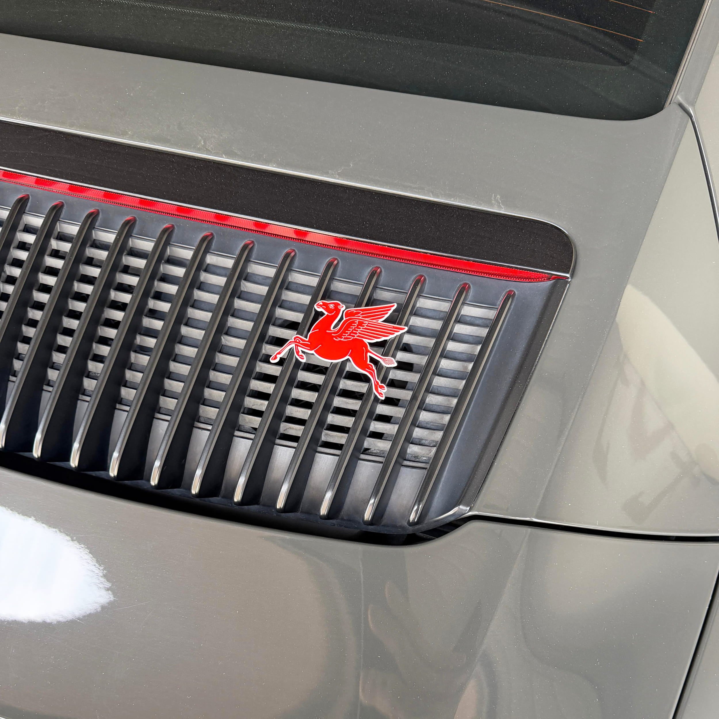 Car grille with a red logo on a gray car