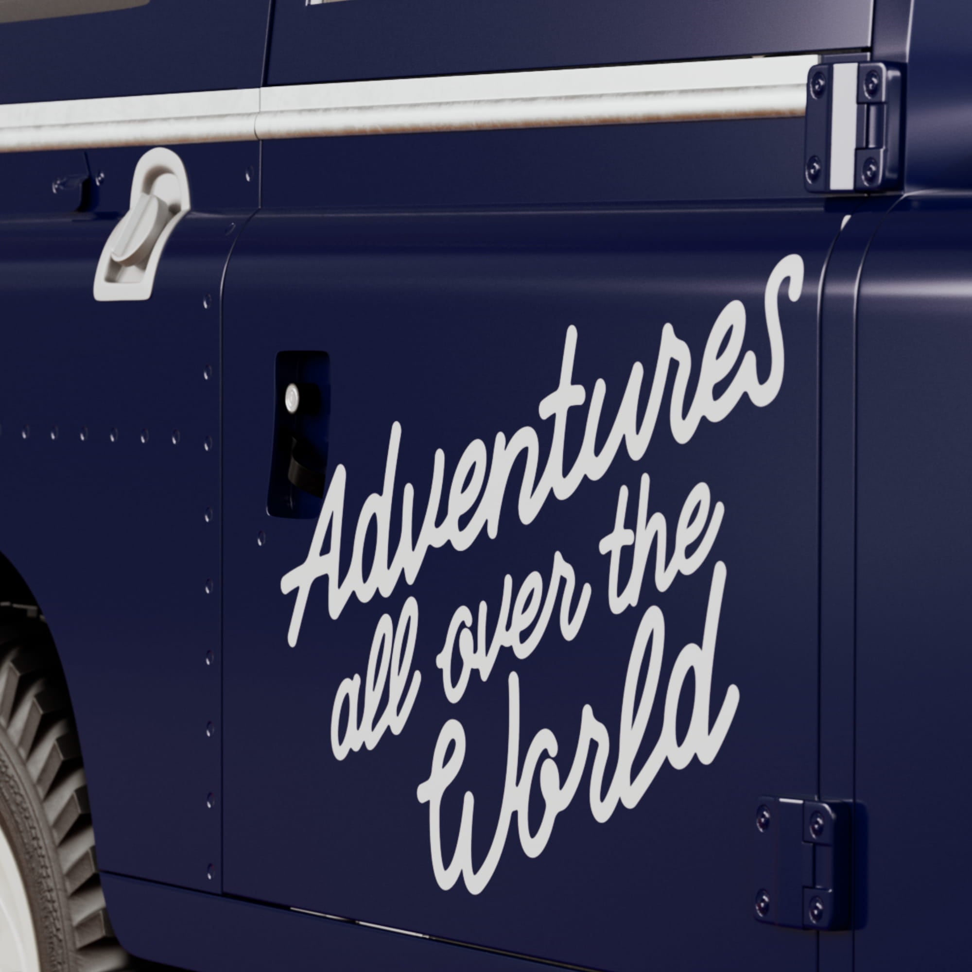 land rover defender vehicle with 'Adventures all over the World' text on a white background