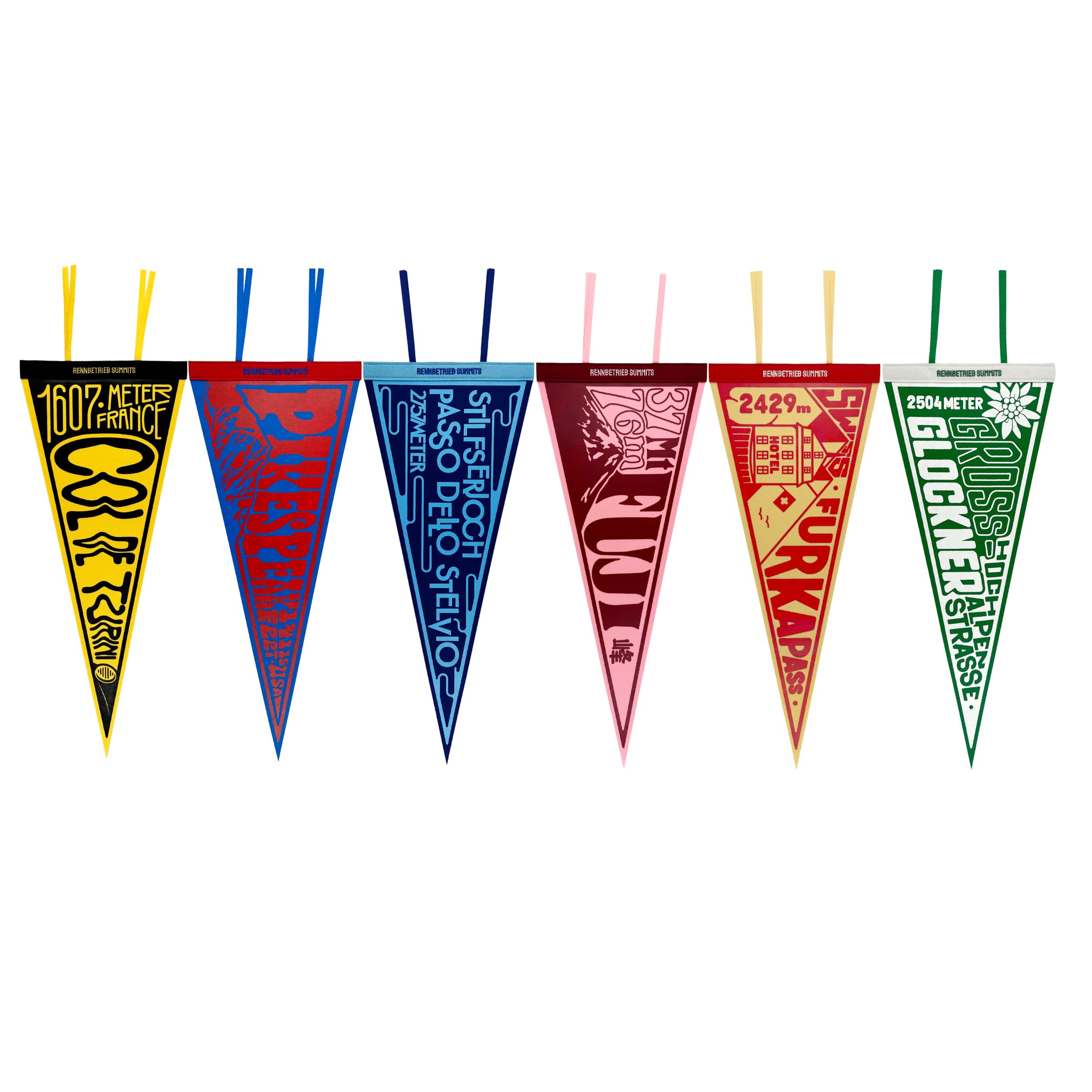 Set of colorful pennant flags with text on a white background